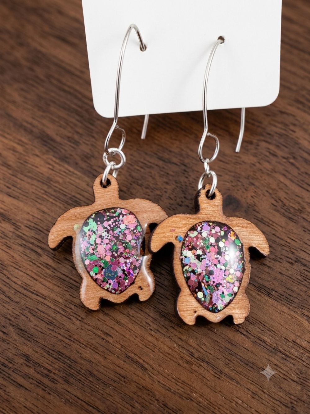 Wooden Turtle Dangle Earrings with Pink Multi-Color Glitter Shells handmade